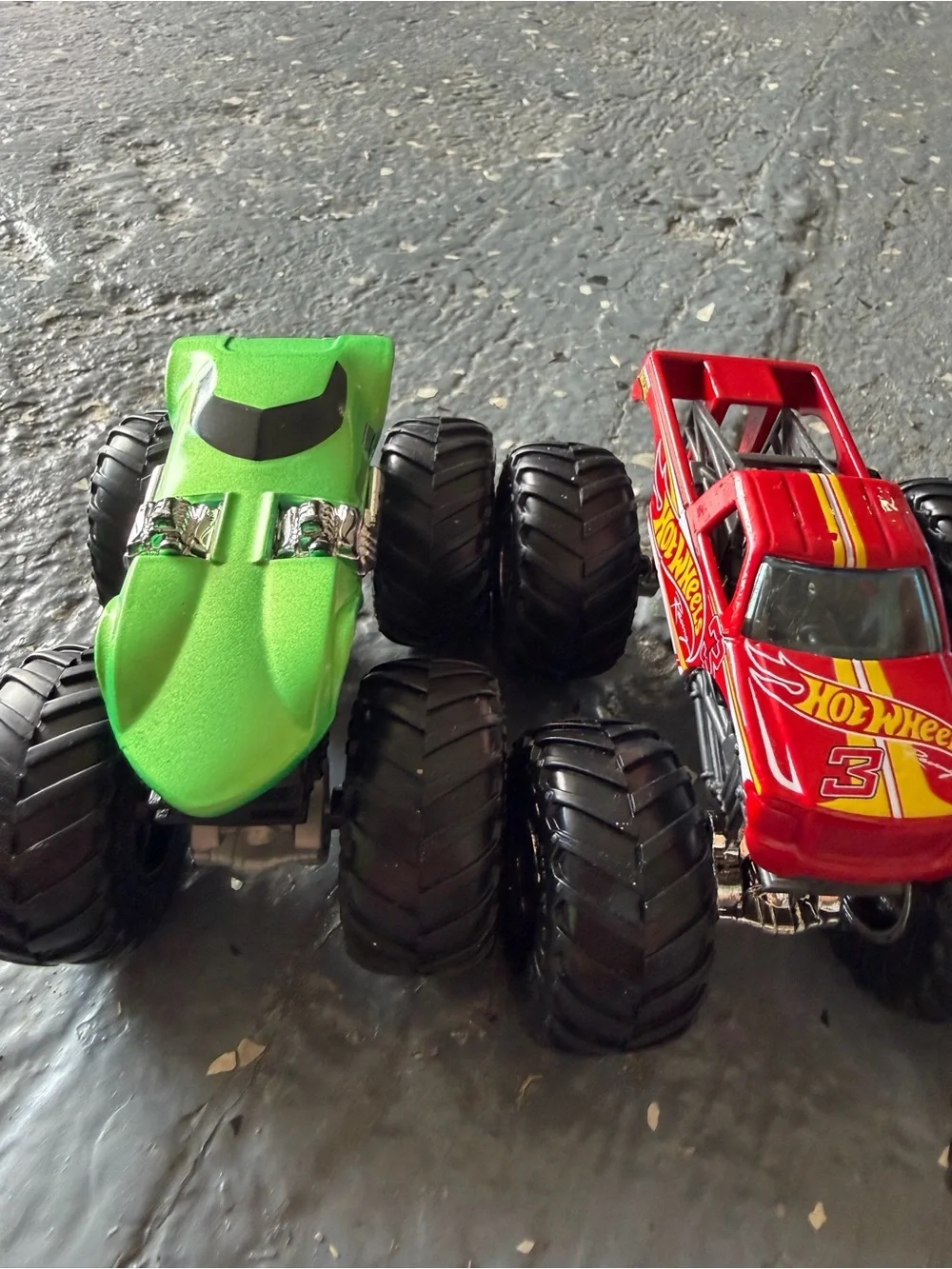 Hot Wheels Monster Trucks collection green Race Ace, Demo Derby and shark wreck